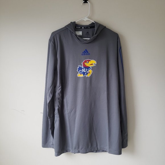 Kansas Jayhawks Long Sleeve Hooded Training Shirt Mens Large Tall LT Gray Adidas - Picture 1 of 13